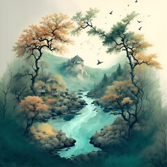 landscape with tree and water made with AI