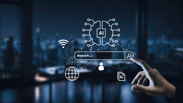 Chatbot with AI (Artificial Intelligence), search engine, businessman interacting connection to AI, use command prompt for generates idea something or solve problems, digital transformation, SEO