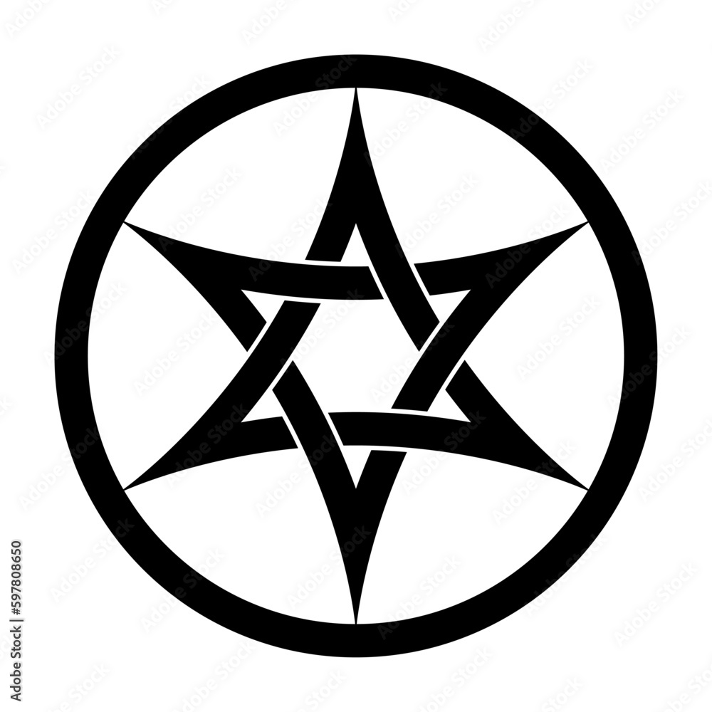 Poster hexagram with interlaced curved arcs, a six pointed star in a circle frame. two interwoven arched tr