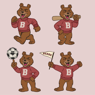 Set of Grizzly Bear Sport Mascot in Vintage Retro Hand Drawn Style