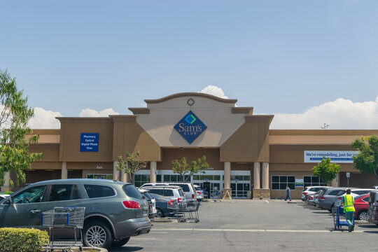 Corona, CA USA - August 16, 2018: Sams Club entrance and parking lot with pharmacy inside and remodel in progress.