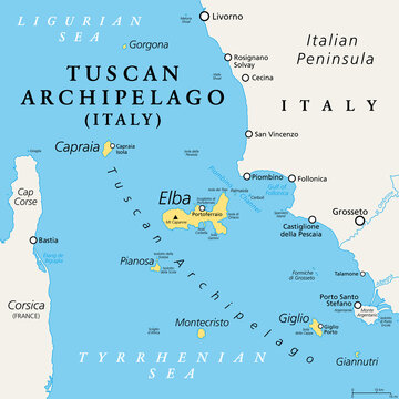 Tuscan Archipelago, Italy, political map. Chain of islands between Ligurian Sea and Tyrrhenian Sea, west of Tuscany, between Corsica and Italian Peninsula. Most known islands are Elba and Montecristo.