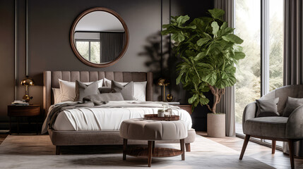 Beautiful interior of the bedroom with a bed and an armchair by the large window. Generative AI