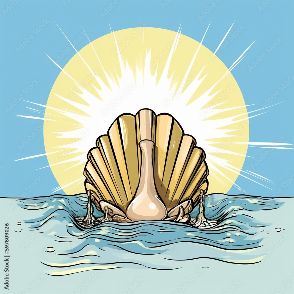 Wall mural cartoon baptismal shell with water, symbolizing the washing away of sin in christian baptism generat