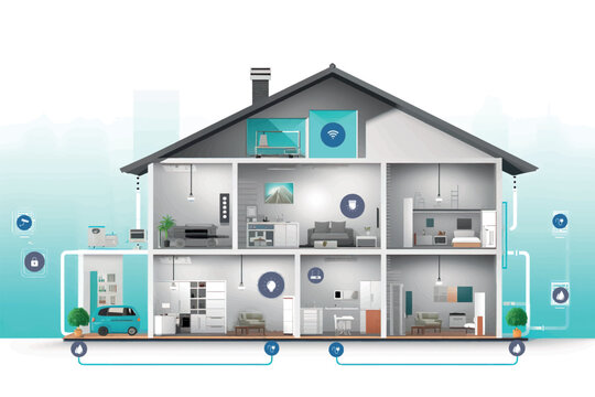 Cross section of a house with smart home connections, wifi stations, icons. Vector graphic