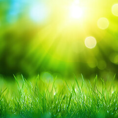 Fototapeta premium Fresh green grass background in sunny summer day. A natural spring garden background of fresh green grass for product display. generative ai. Blurred nature background