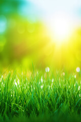 Image of Fresh green grass background in sunny summer day. A natural spring garden background of fresh green grass for product display. generative ai. Blurred nature background printed on Printed Glass Splashbacks