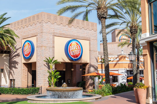 Irvine, CA USA - January 20, 2019: Irvine Spectrum Center is an outdoor shopping center with stores, restaurants, and entertainment attractions. Dave & Busters store in center of mall.