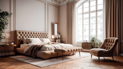 Beautiful interior of the bedroom with a bed and an armchair by the large window. Generative AI