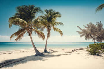 Naklejka na ściany i meble Serenity by the Sea. This image captures a serene beach setting, featuring picturesque palm trees swaying in the breeze