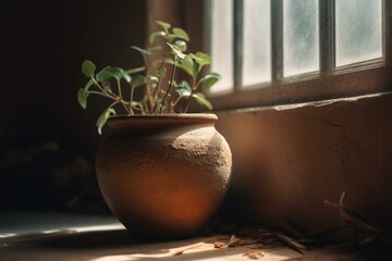 Young plant in clay pot near window. Generative AI