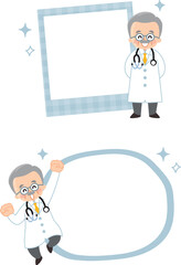 高齢の男性医師とフレームのイラストセット　フォトフレーム　吹き出し
