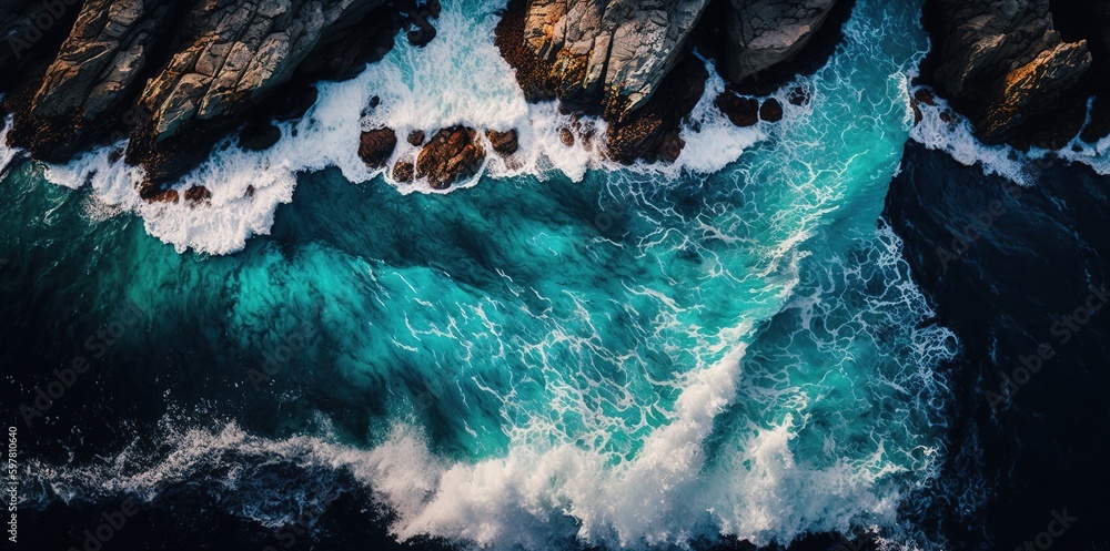 Poster aerial view of the crashing waves of the ocean against the cliffs. generative ai
