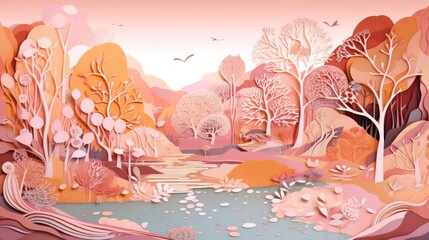 Autumn nature, landscape art paper cut. Generative AI