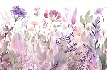 Hand-drawn water paint spring flowers field on white background. Digitally generated AI image