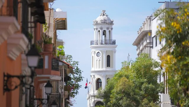 Dominican Republic, Santo Domingo - April 23, 2023: Palacio Consistoral tower, view from Arzobispo Merino street, most popular tourist destination in the Colonial Zone 
