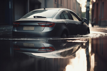 Obraz premium Car submerged in flood water. Car insurance concept. Generative ai