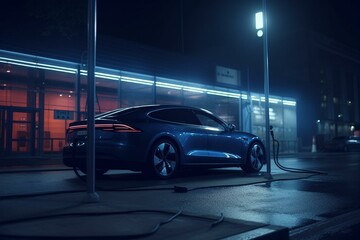 Neon EV charging from power station. Generative AI