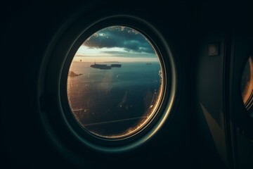 Porthole on airplane window. Generative AI