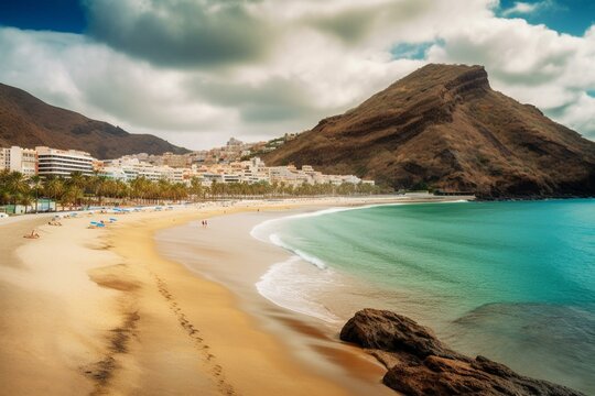 Tenerife tourism - stunning Las Teresitas Beach, located in Santa Cruz. Canary Islands. Generative AI