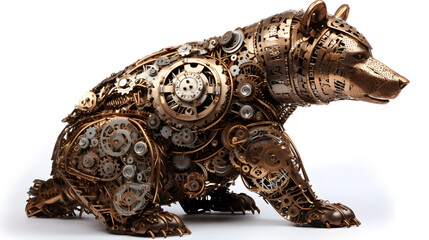Metal steampunk bear on a white background. Generative AI.