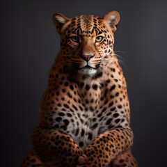 Spotted leopard standing in front and facing at the camera, isolated on dark created with Generative AI technology.