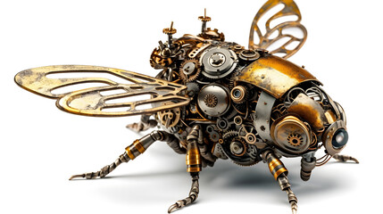Metal steampunk bee with bronze parts on a white background. Generative AI.