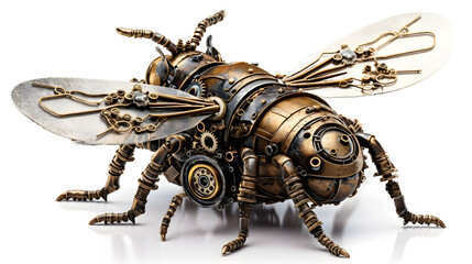 Metal steampunk bee with decorated parts on a white background. Generative AI.