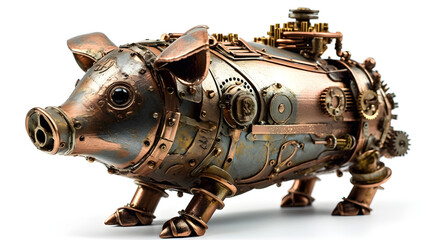Metal decorative steampunk pig on a white background. Generative AI.