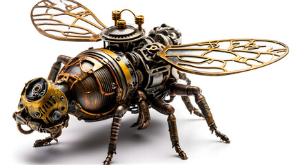 Metal steampunk bee with decorative elements on a white background. Generative AI.