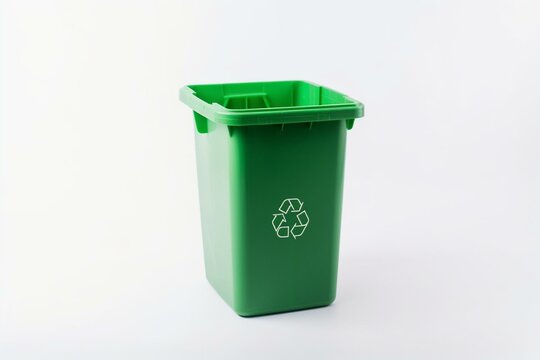 White background, plastic recycle bin in green. Generative AI