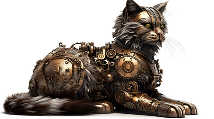 Half-metal steampunk cat on a white background. Generative AI.