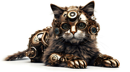 Partially metal steampunk cat on a white background. Generative AI.