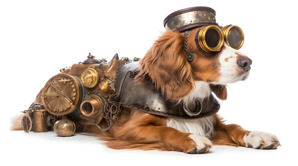 Steampunk style dog on a white background. Generative AI.