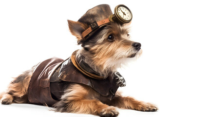 Steampunk style brown dog on a white background. Generative AI.