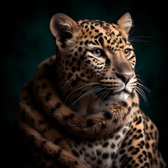 Head shot, portrait of a Spotted leopard cat, facing at the camera on a dark background created with Generative AI technology.