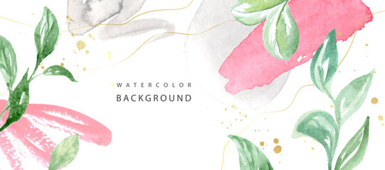 Abstract background with watercolor brushstrokes and plants.Can be use banner, promotional materials,voucher, wallpaper,flyers, invitation, brochure, coupon discount.
