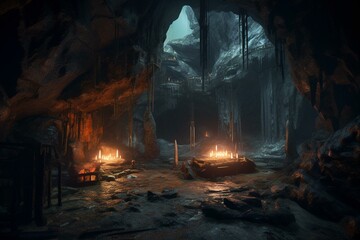 Digital concept art of dark cave with ancient Viking ruins, featuring vivid colors. Generative AI
