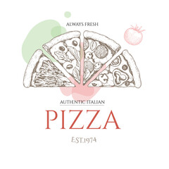 Italian pizza design template. Hand drawn sketch style various pizza slices in semicircle. best for Italian restaurant menu and package designs. Vector illustration.