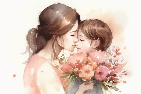 happy mothers day. mother and child. watercolor illustration. Generative AI