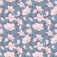 Floral seamless pattern with pink Anise magnolia flowers, leaves and branches on blue background. Vintage vector ornament template for fabric, prints, greeting cards, packaging paper, textile.