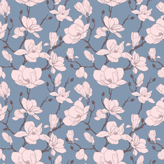 Floral seamless pattern with pink Anise magnolia flowers, leaves and branches on blue background. Vintage vector ornament template for fabric, prints, greeting cards, packaging paper, textile.