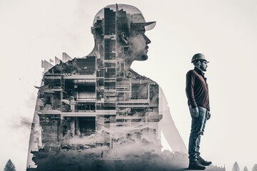 Building construction engineering project with double exposure design. Ai generative.
