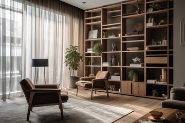 Living room with shelves, chair, and divider. Generative AI