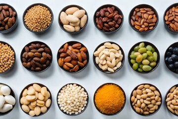 Set of pecan, pistachios, almond, peanut, cashew, pine nuts and lined up assorted nuts and dried fruits in a mini different bowls