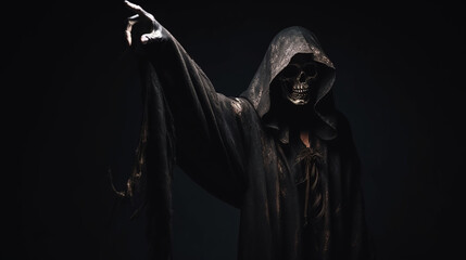 Fototapeta na wymiar Grim reaper reaching towards the camera over dark background, generative ai