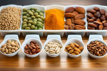 Set of pecan, pistachios, almond, peanut, cashew, pine nuts and lined up assorted nuts and dried fruits in a mini different bowls