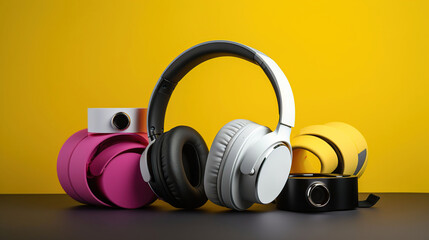 Fototapeta na wymiar Modern wireless portable speakers and headphones on color background, generative ai