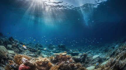 Fototapeta na wymiar Underwater Shine With garbage Floating On Sea - Environmental Problem, generative ai