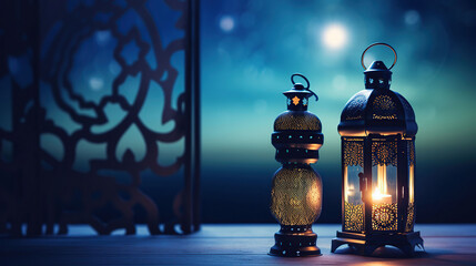 Fototapeta Ramadan Kareem - Moon And Arabian Lantern With Blue Sky At Night With Abstract Defocused Lights - Eid Ul Fitri, generative ai obraz